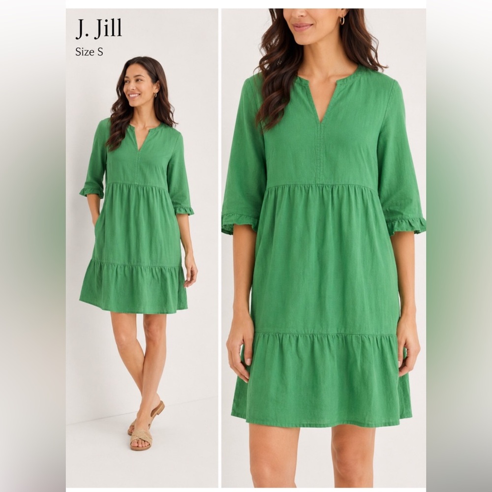 J. Jill Jardin Fern Green Linen Mixed Quarter Women Dress Size Medium NWOT